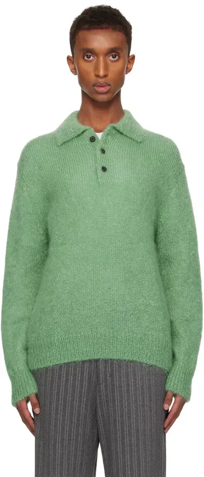 Solid Homme Green Mohair Collar Neck Knit Polo In 614f Fresh Green