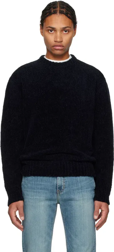 Solid Homme Navy Round Neck Chenille Textured Knit Sweater In 604n Navy