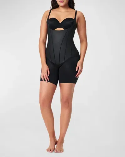 Spanx Super Sculpt Open-bust Mid-thigh Bodysuit In Very Black