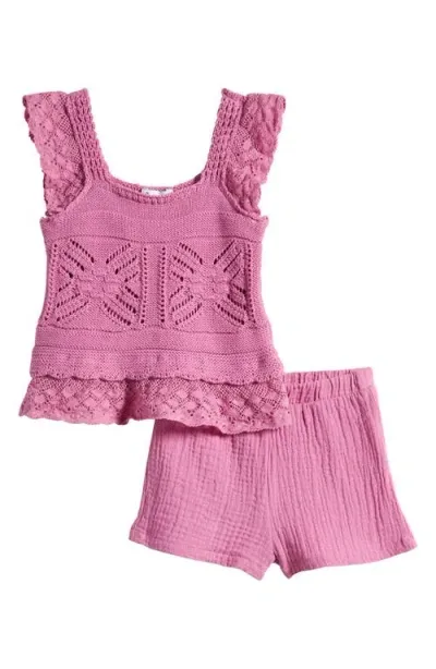 Splendid Babies'  Cotton Pointelle & Lace Top & Shorts Set In Taffy