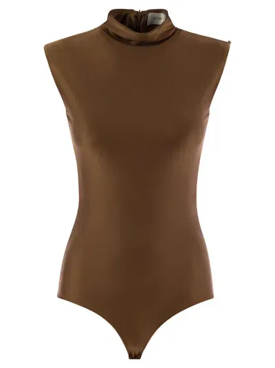 Sportmax Cristin Shiny Lycra Bodysuit In Brown