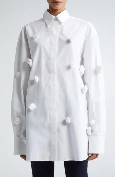 Sportmax Kisses 3d Roses Cotton Poplin Button-up Shirt In White