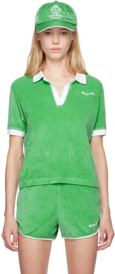 Sporty And Rich Green Italic Logo Terry Polo In Verde