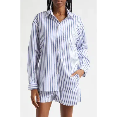 Sporty And Rich Sporty & Rich Stripe Cotton Button-up Shirt In Navy/white Large Stripe