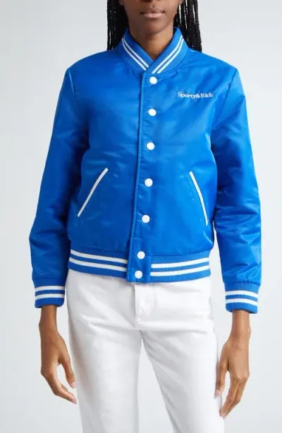 Sporty And Rich Sporty & Rich Wellness Club Embroidered Satin Varsity Jacket In Imperial Blue