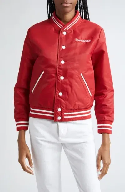 Sporty And Rich Sporty & Rich Wellness Club Embroidered Satin Varsity Jacket In Ruby