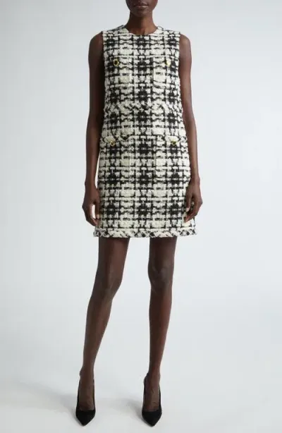 St John St. John Collection Plaid Sequin Eyelash Tweed Shift Dress In Black/ecru Multi