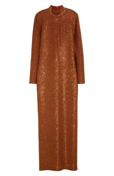 St John St. John Collection Sequin Long Sleeve Mock Neck Column Gown In Copper