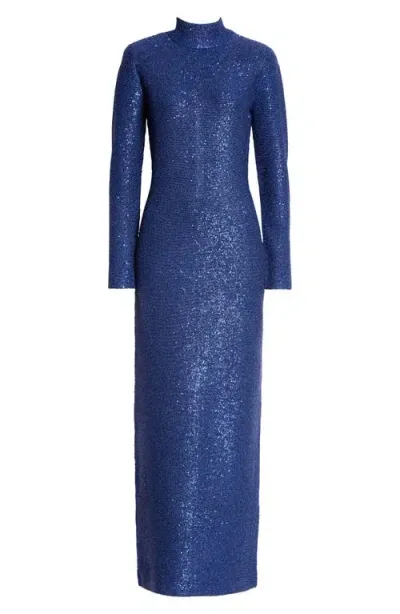 St John St. John Collection Sequin Long Sleeve Mock Neck Column Gown In Prussian Blue