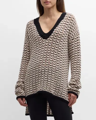 St John Distorted Terry Chevron Knit V-neck Sweater In Blush/black