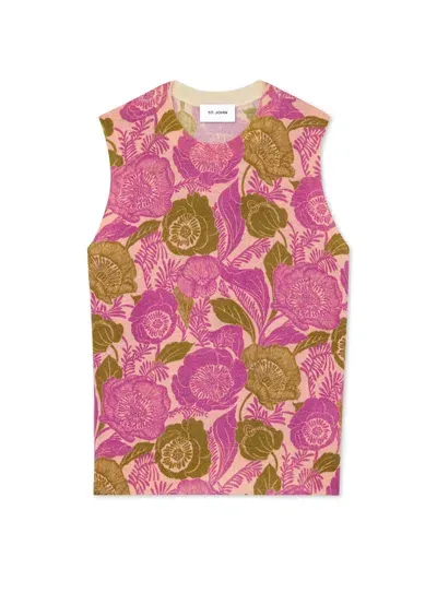 St John Poppy Print Knit Shell In Bright Coral Multi