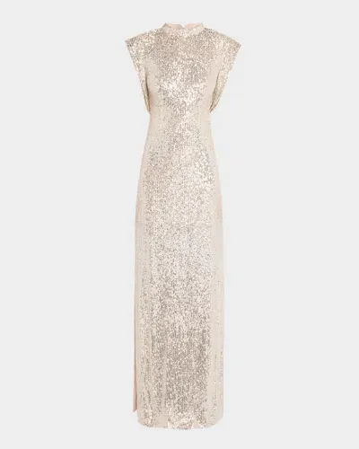 St John Sequin Embroidered Italian Fluid Maxi Dress In Champagne