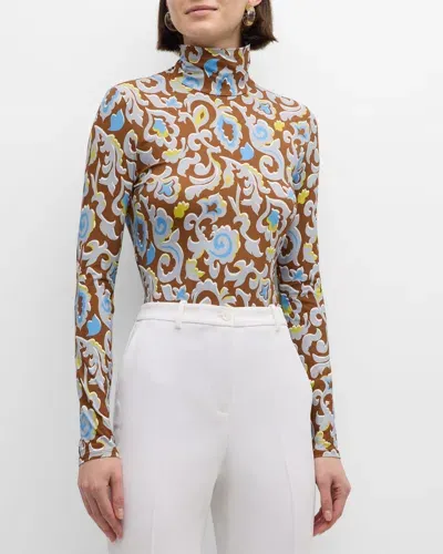 St John Western Paisley Nuda Jersey Turtleneck Long-sleeve Top In Multi