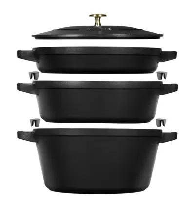 Staub 3-piece Round Stackable Cocotte Set In Black