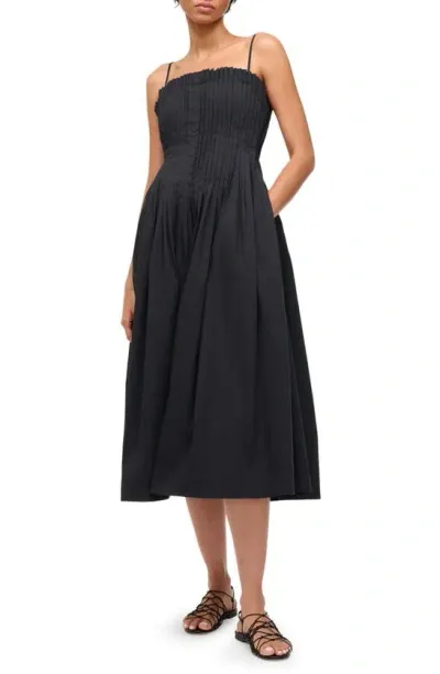 Staud Bella Pleated Cotton-blend Poplin Midi Dress In Black