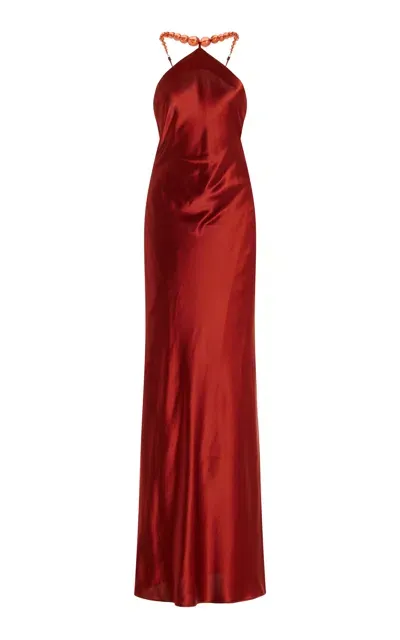 Staud Cadence Bead-detailed Satin Maxi Dress In Rust