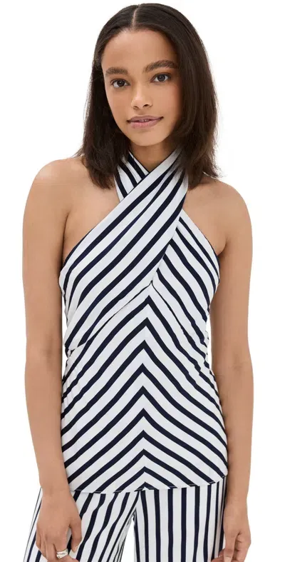 Staud Dawn Tie-neck Striped Crossover Halter Top In White Navy Stripe