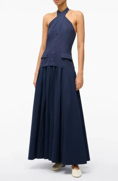 Staud Harrington Stretch Cotton Halter Maxi Dress In Navy