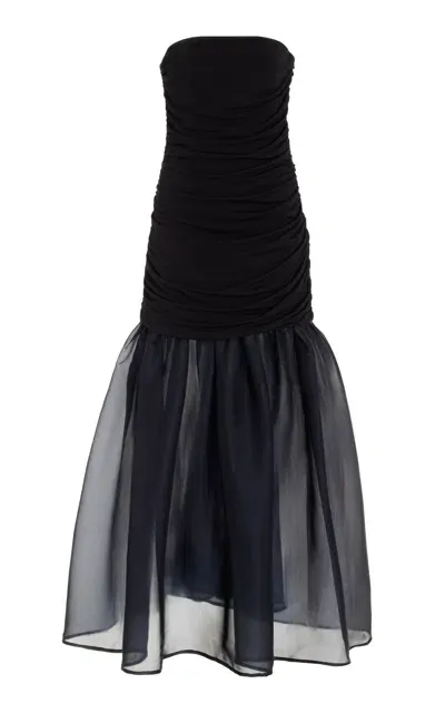 Staud Liya Ruched Jersey-organza Maxi Dress In Black