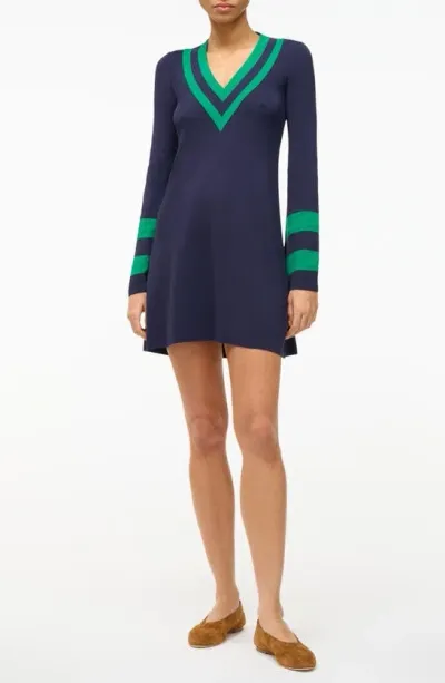 Staud Sunshine Contrast Detail Long Sleeve Minidress In Navy Seaweed