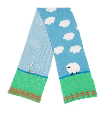 Stella Mccartney Kids' Cotton-wool Embroidered Sheep Scarf In Blue