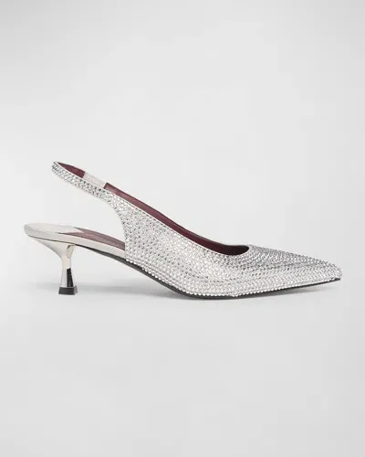 Stella Mccartney Crystal-embellished Kitten Heel Slingbacks In Silver