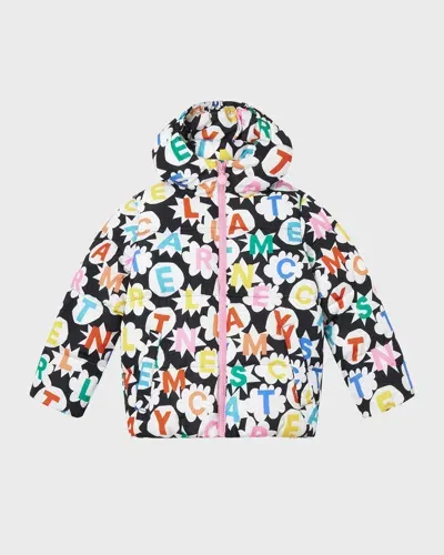 Stella Mccartney Kids' Girl's Multicolor Logo-print Puffer Coat In Black