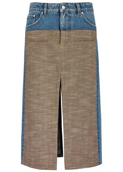 Stella Mccartney Tweed-paneled Denim Midi Skirt In Beige Tweed And Blue Denim