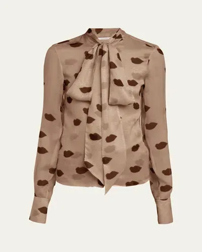 Stella Mccartney Lips Print Tie Neck Blouse In 2801 Mud