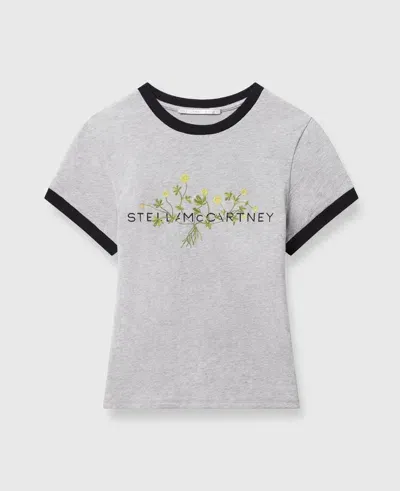 Stella Mccartney Logo Floral Embroidered T-shirt In Grey Melange