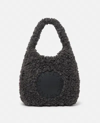 Stella Mccartney Logo Plush Teddy Hobo Large Tote Bag In Charcoal Grey