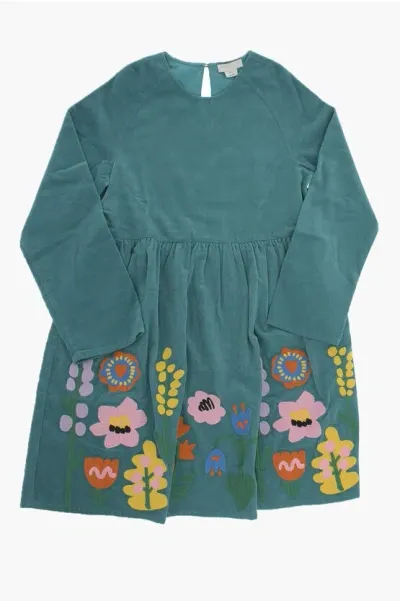 Stella Mccartney Kids' Long Sleeved Corduroy Crew-neck Dress With Embroideries In Green