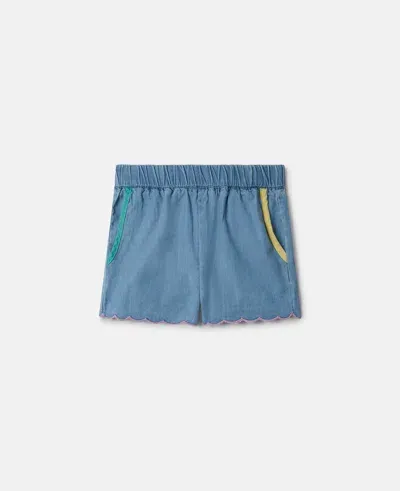 Stella Mccartney Kids' Scalloped Edge Chambray Shorts In Blue