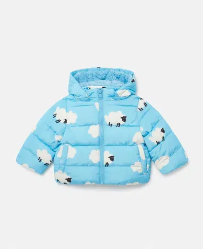 Stella Mccartney Sheep Pattern Hooded Puffer Coat In Blue And White