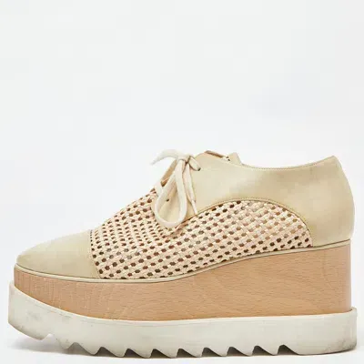 Pre-owned Stella Mccartney Two Tone Beige Woven Faux Leather Elyse Platform Derby Sneakers Size 38