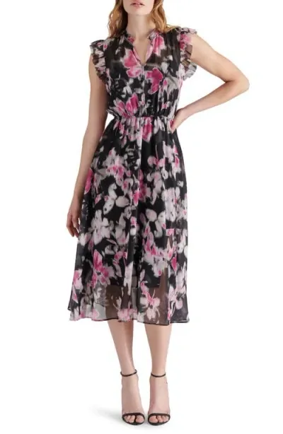 Steve Madden Allegra Floral Ruffle Chiffon Midi Dress In Black Multi