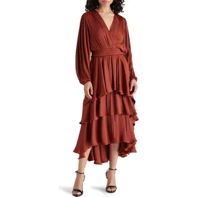 Steve Madden Bei Long Sleeve Tiered Satin Midi Dress In Brick Hous