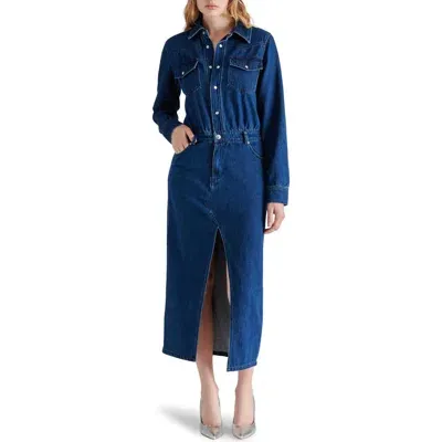 Steve Madden Dakoda Long Sleeve Denim Maxi Shirtdress In Medium Blu