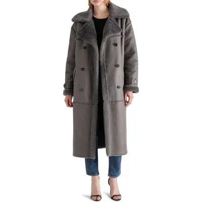 Steve Madden Eiffel Faux Shearling Double Breasted Coat In Forged Iron