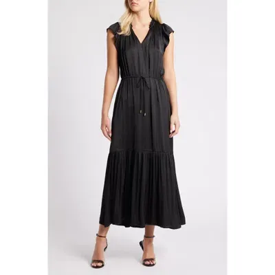 Steve Madden Osiris Tiered Split Neck Cap Sleeve Tie Waist Maxi Dress In Black