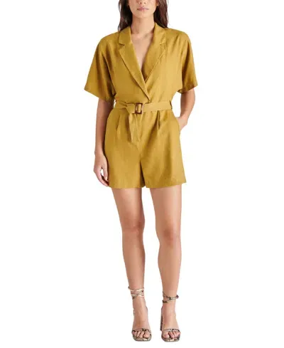 Steve Madden Honor Belted Linen Blend Romper In Green Moss