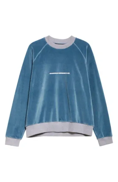 Stockholm Surfboard Club Liberate Surfing Velour Crewneck Sweatshirt In Whale Blue