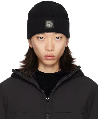 Stone Island Black Knitted Badge Beanie In V0029 Black