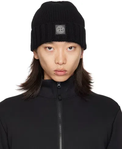 Stone Island Black Knitted Tonal Badge Beanie In V0029 Black