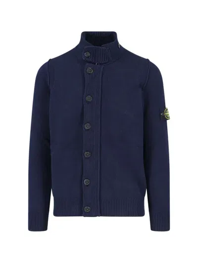 Stone Island Logo Turtleneck Cardigan In Blue