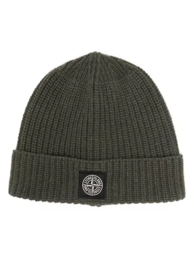 Stone Island Logo Wool Beanie In Green