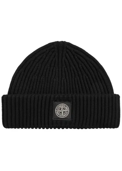 Stone Island Ribbed Wool Beanie In Navy