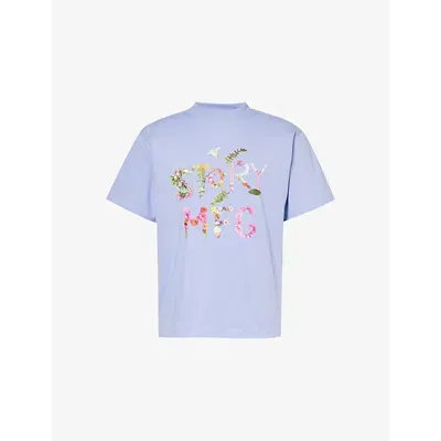 Story Mfg. Story Mfg Mens Purple Flora Grateful Logo Text-print Organic-cotton T-shirt