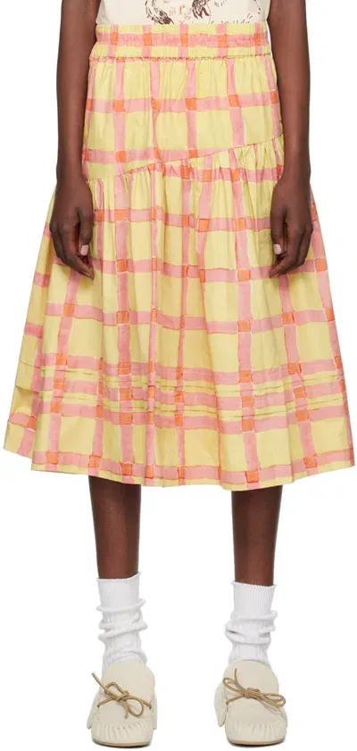 Story Mfg. Yellow & Orange Juniper Midi Skirt In Lime Gingham