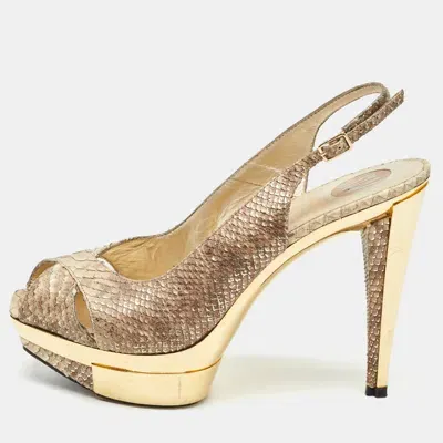 Pre-owned Stuart Weitzman Beige Python Embossed Leather Slingback Pumps Size 38.5 In Brown